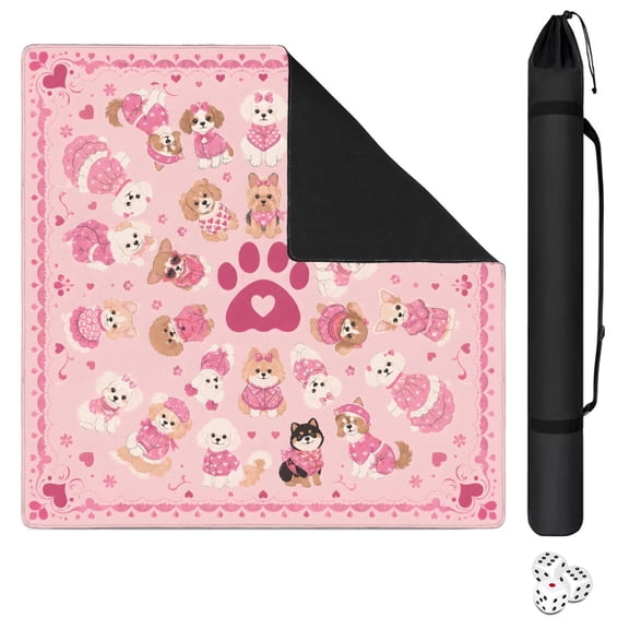 Mahjong Mat with Carrying Bag 31.5" x 31.5" Non-Slip Noise Reduction Pink Puppy Hearts Kawaii Table Mat for Mahjong Poker Dominoes Card Board Tile Games