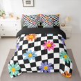 thumbnail image 2 of Manfei Groovy Daisy Flower Bedding Comforter Set 7pcs, White Black Plaid King Bedding Sets, Teens Kids Boys Girls Reversible Bed Sheets, Luxury Bedroom Decor, 2 of 7