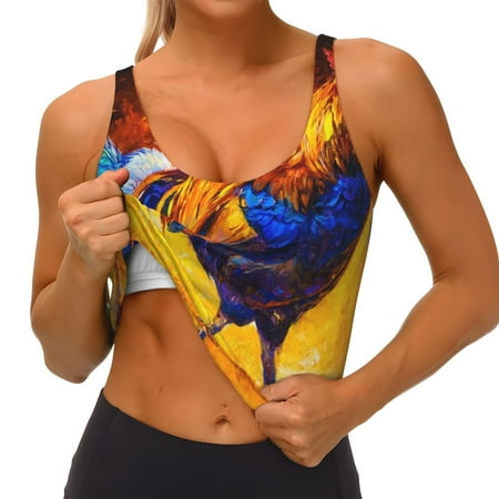 Qokaie Colorful Rooster Pattern Womens Scoop Neck Sports Bra Breathable Workout Vest Padded U Back Medium Impact Fitness Gym Yoga Bra Workout Crop Top