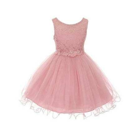 Girls Dusty Rose Floral Lace Tulle Flower Girl Graduation