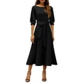 thumbnail image 2 of Women's Dress Three Quarter Sleeve Elegant with Belt and Pocket Chic Midi Dress for Spring Fall Party Office,Black,L, 2 of 5