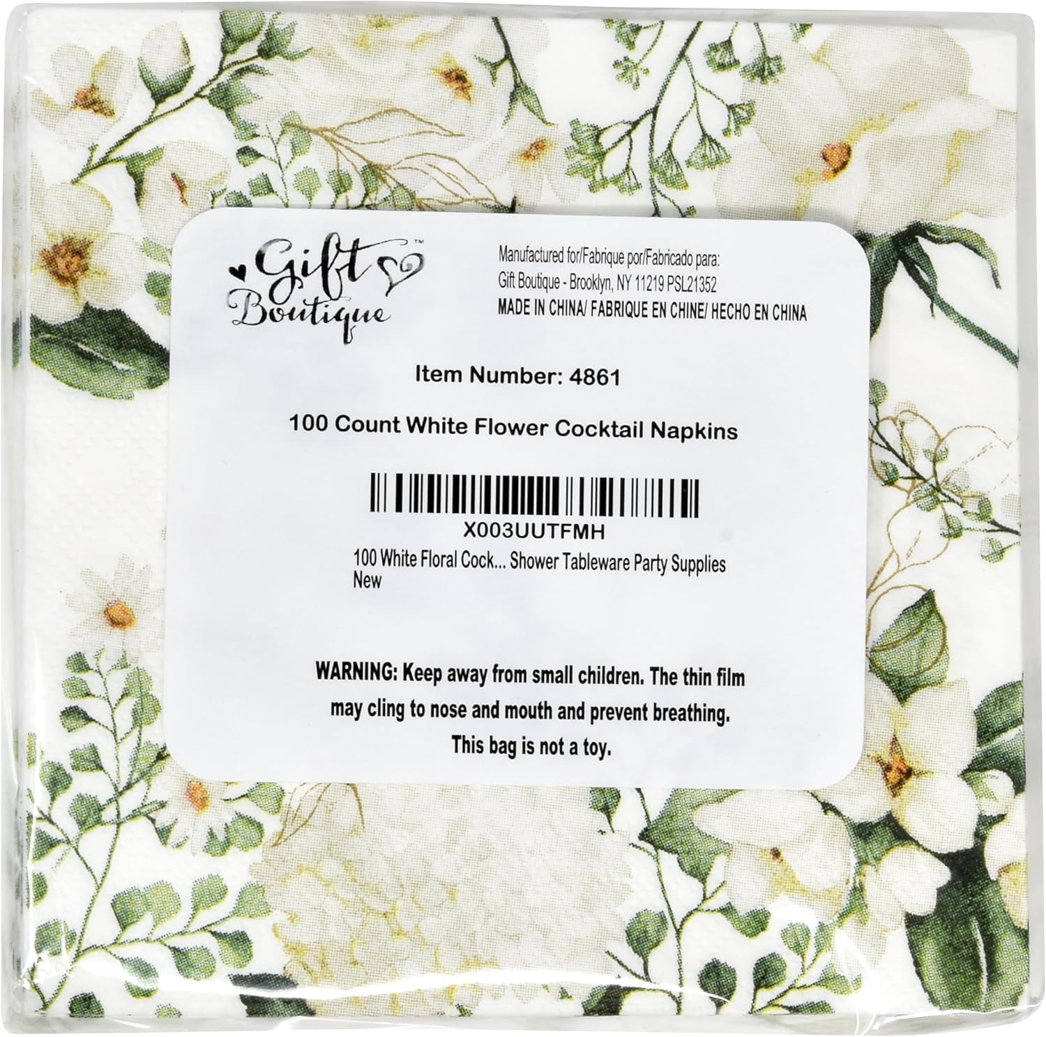Gift Boutique 100 White Floral Cocktail Beverage Napkins Disposable Paper Spring Blossom Flowers Greenery Dessert Napkin for Wedding Holiday Bridal & Baby Shower Tableware Party Supplies
