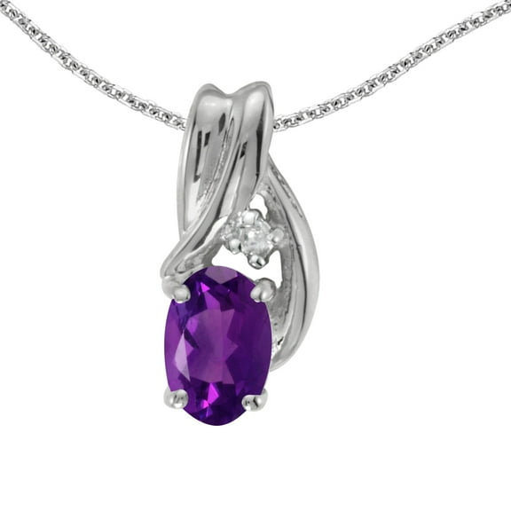 10k White Gold Oval Amethyst And Diamond Pendant with 18" Chain