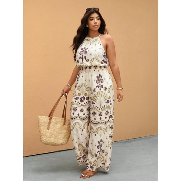 Women's Halter Neck Wide Leg Jumpsuit Summer Vintage Print Romper with Elastic Waist