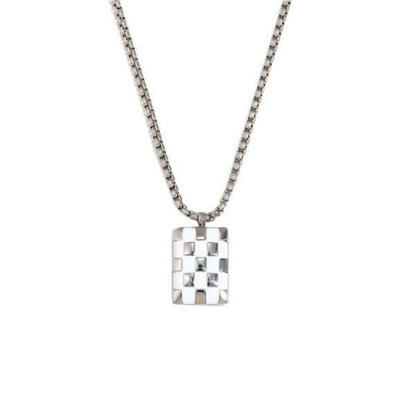 PAURO Women's Stainless Steel Small Square Personalized Enamel Chessboard Dog Tag Charm Necklace Silver