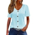 thumbnail image 3 of Wuxian Women Casual Shirt Solid Color Hollow Out Jacquard Short Sleeve Button V-Neckt Shirt Soft Basic Tee Trendy Spring Summer Comfort Fit Breathable Elegant Tops Vacation Trendy,Light Blue,M, 3 of 8