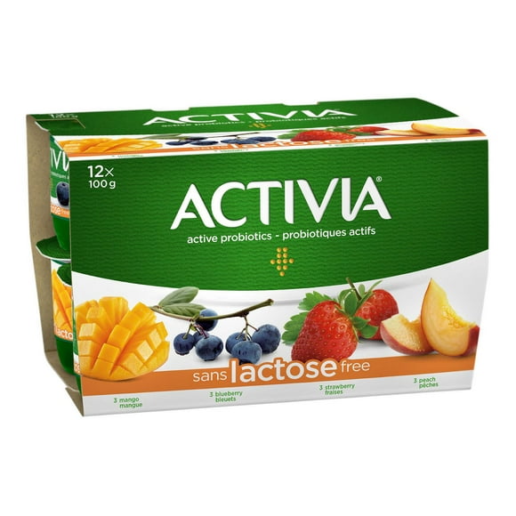 Activia Yogourt probiotique, sans lactose, saveur fraise / bleuets / pêche / mangue, (emballage de 12) 12 x 100g