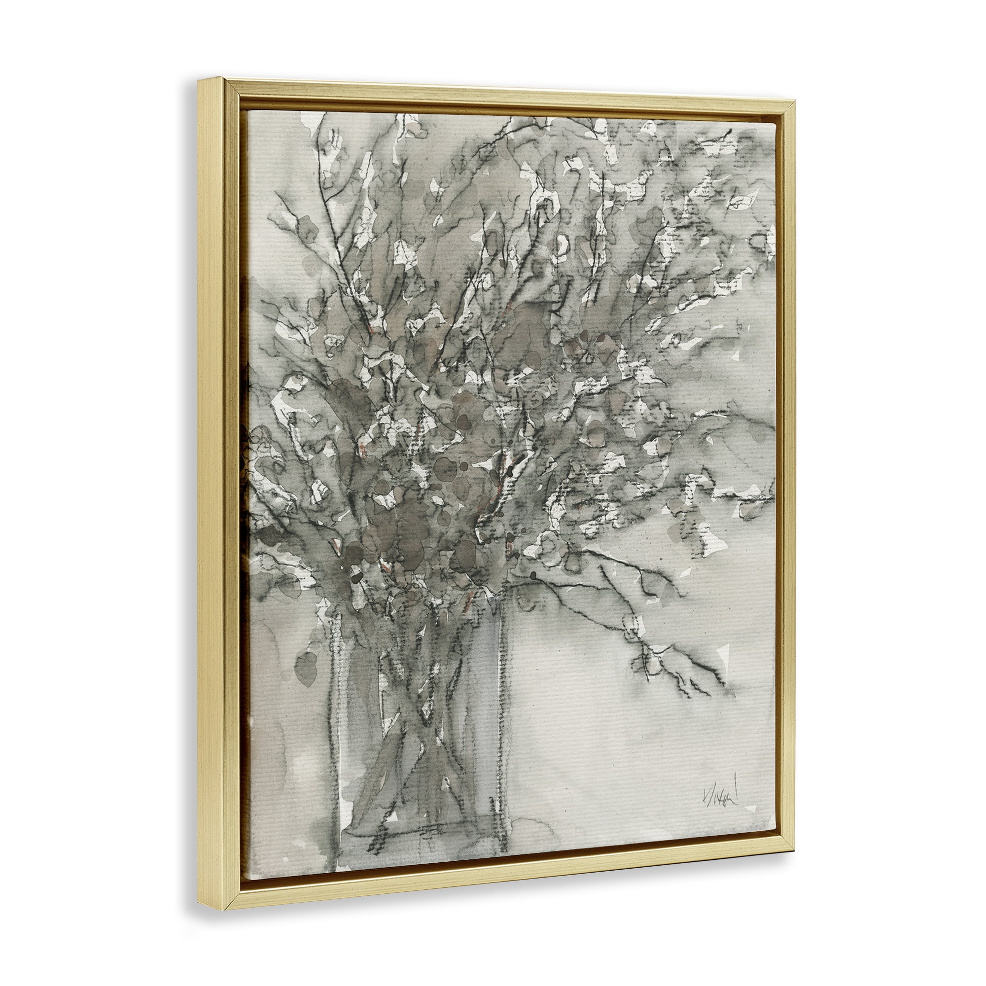 Stupell Industries Grey Charcoal Bouquet Plants & Flowers Painting Gold Floater Framed Canvas Art Print Wall Art, 17 x 21