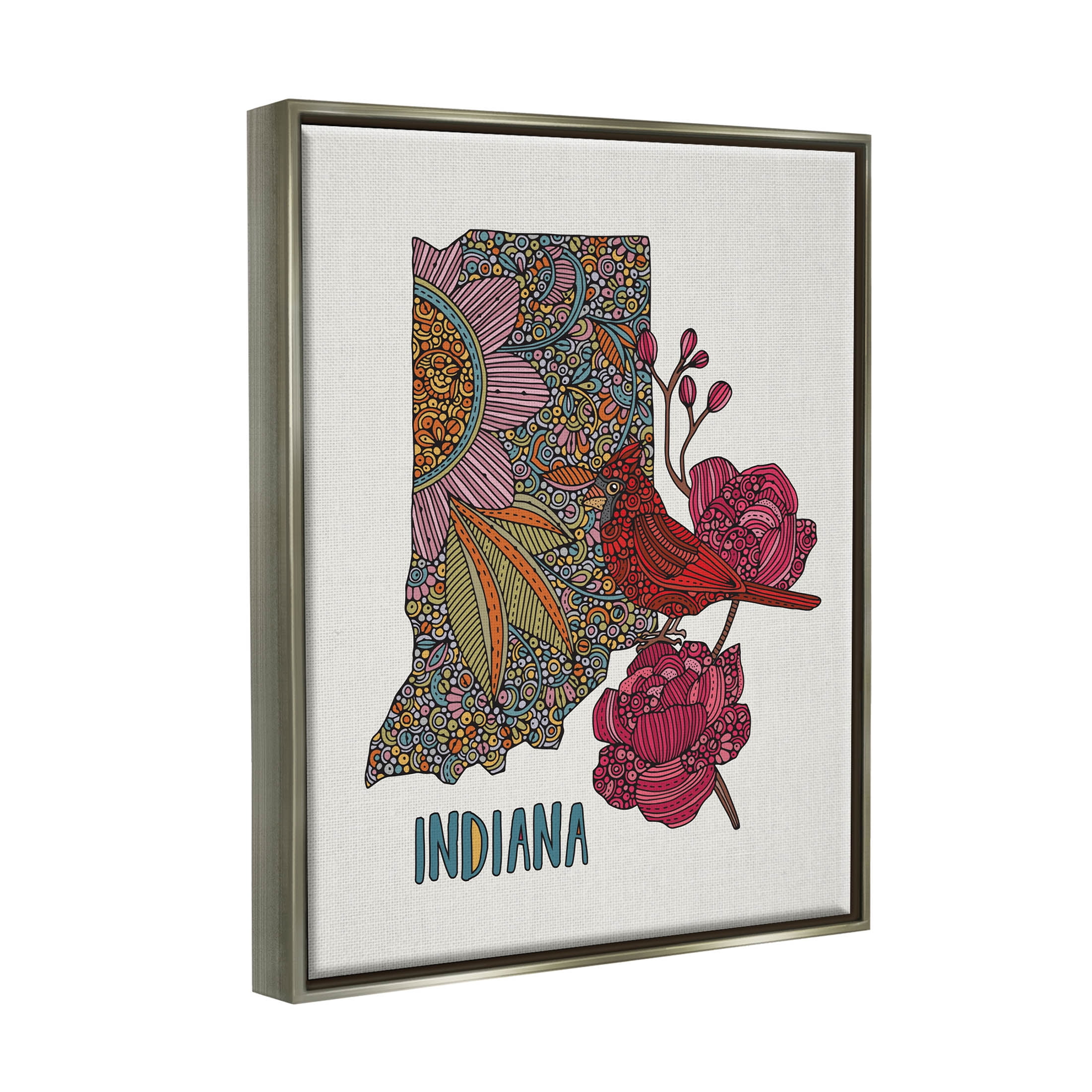 Stupell Industries Indiana State Bird Florals Graphic Art Luster Gray Floating Framed Canvas Print Wall Art, Design by Valentina Harper