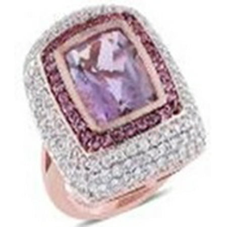 Stylish Unique Silver Rose Gold Plated Pink Amethyst Multi Gemstone Halo Solitaire Ring Elegant Jewelry for Women Gift Size 7 Cttw 3.6