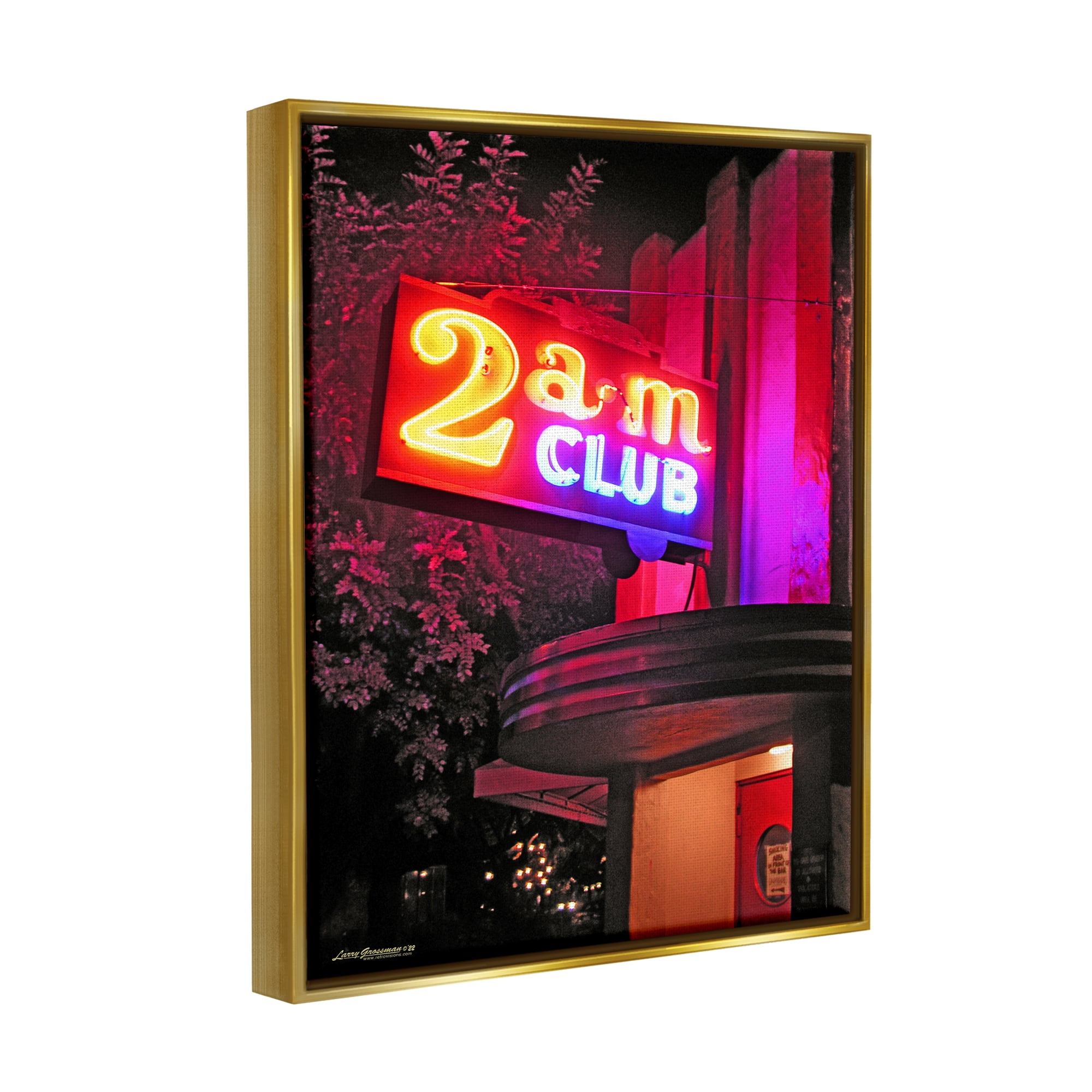 Stupell Industries Urban 2am Club Sign Travel & Places Photography Gold Floater Framed Canvas Art Print Wall Art, 17 x 21