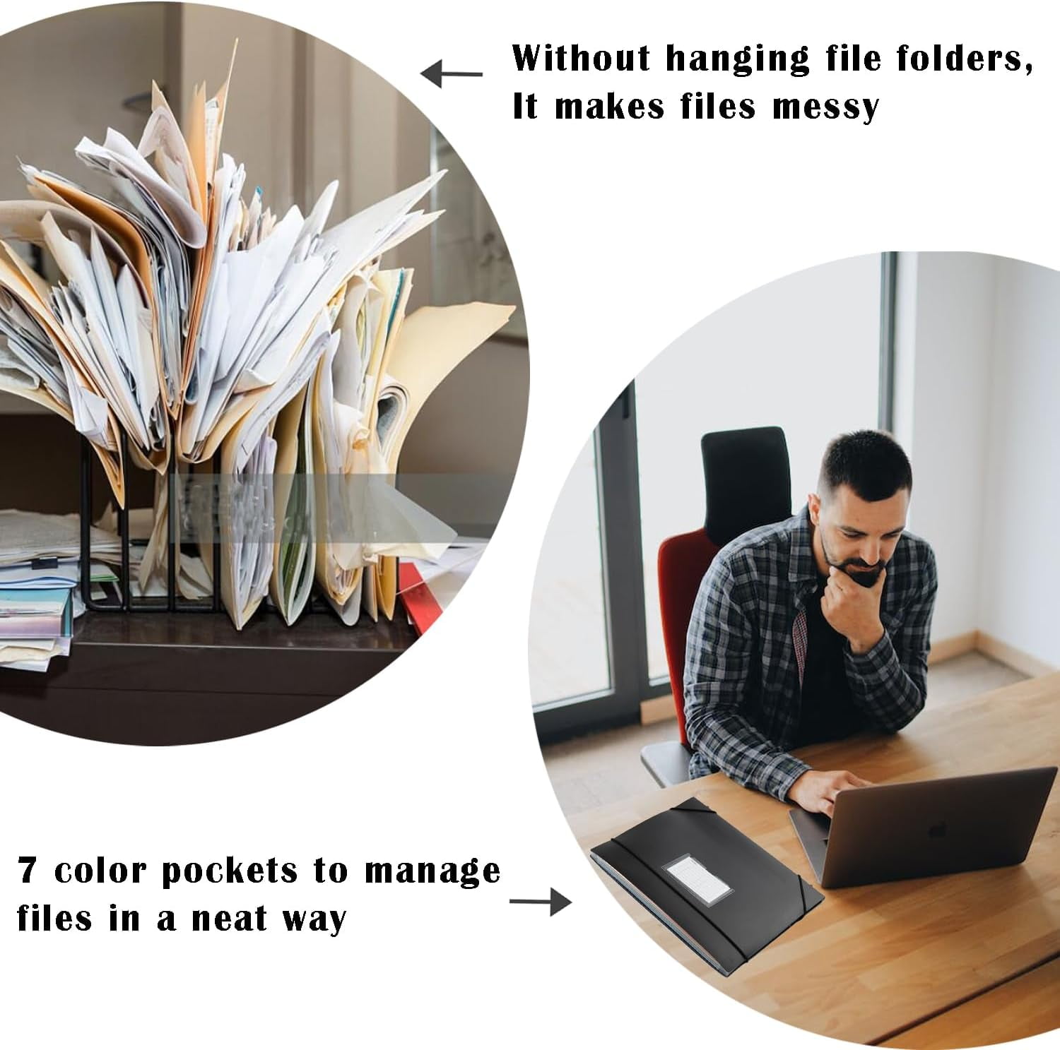 2-in-1 Expanding Hanging File Folders for Filing Cabinet, TRANBO 7 Pockets Extra Capacity Hanging Accordion File Organizer with Retractable Hook, 1/3-Cut Tab, Letter Size for Files Frame - 3 Pack