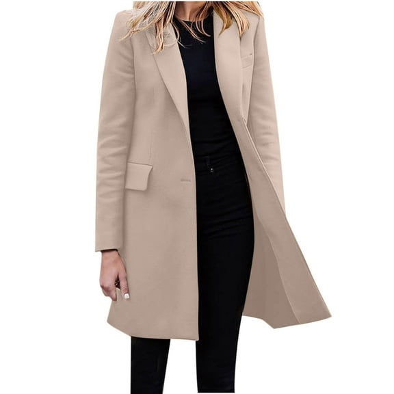 Herrnalise Women's Double Breasted Pea Coat Winter Mid-Long Trench Coat with Belt Beige,S