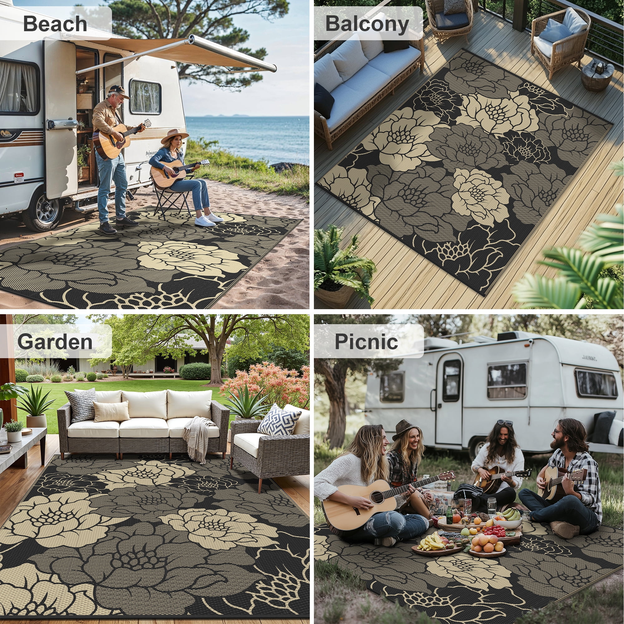 KUETH 8'x 10' Outdoor Rug Plastic Waterproof Outside Foldable Flower Mat UV Resistant Patio RV Deck Carpet,BLACK BEIGE