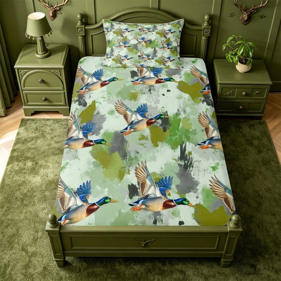 Manfei Hunting Themed Duck Fitted Sheet Full,Rustic Mallard Bed Set,3 Pieces,1 Fitted Sheet and 2 Pillowcases