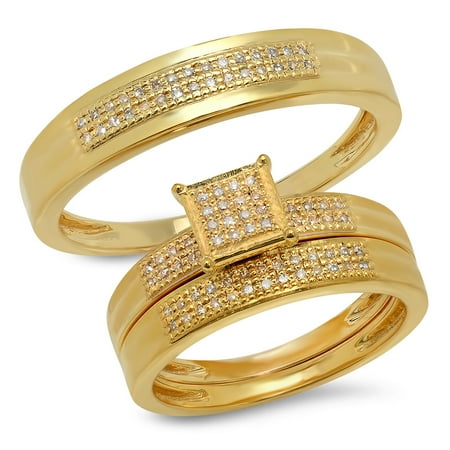 - 0.25 Carat (ctw) 10K Gold White Diamond Men's & Women's Micro Pave Engagement Ring Trio Bridal Set