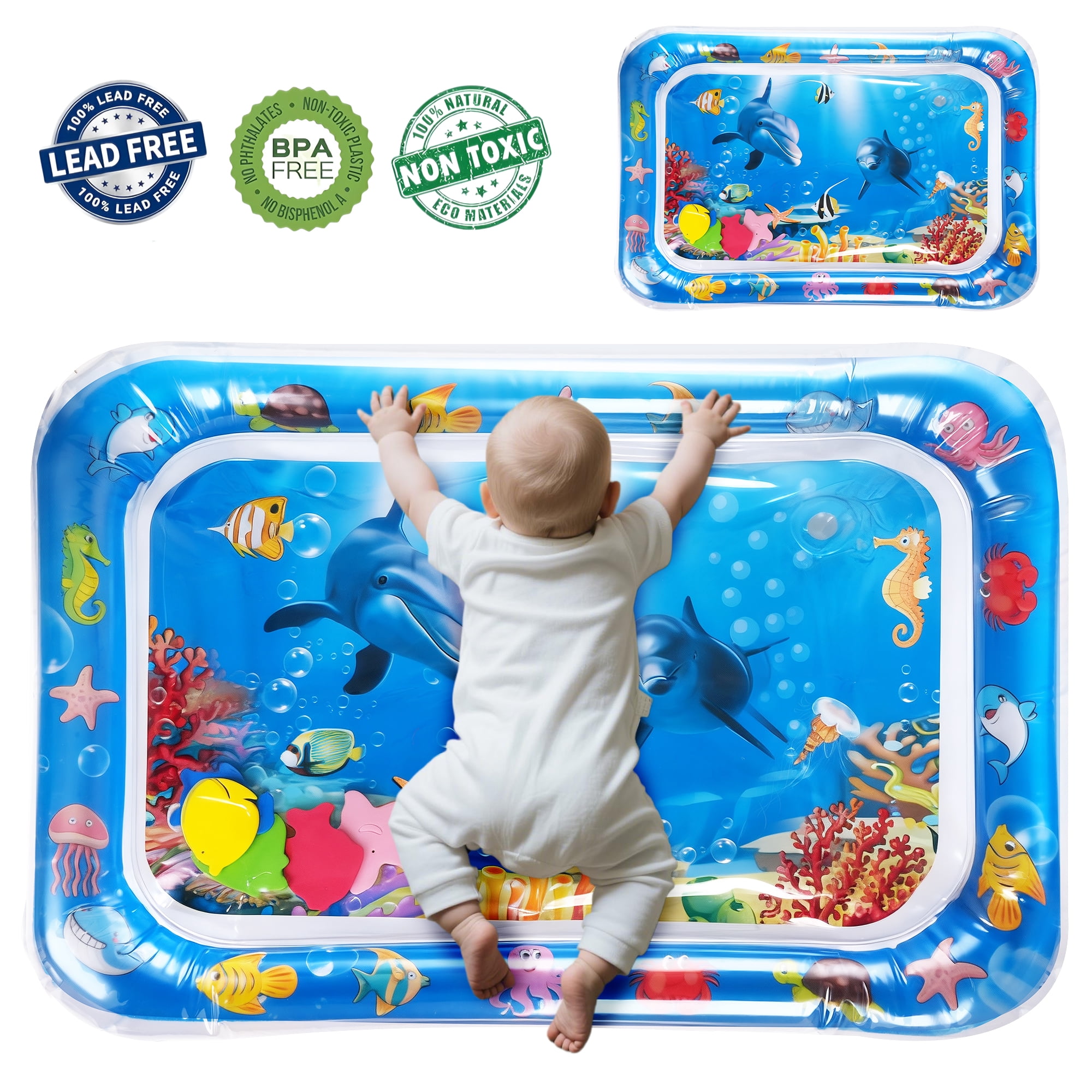 Tummy Time Mat,Qissep Baby Blue Water Play Mat,Inflatable Infant Baby Water Mats for 3 to 24 Months,Fun Activity Center for Stimulate The Sensory Development of Babies
