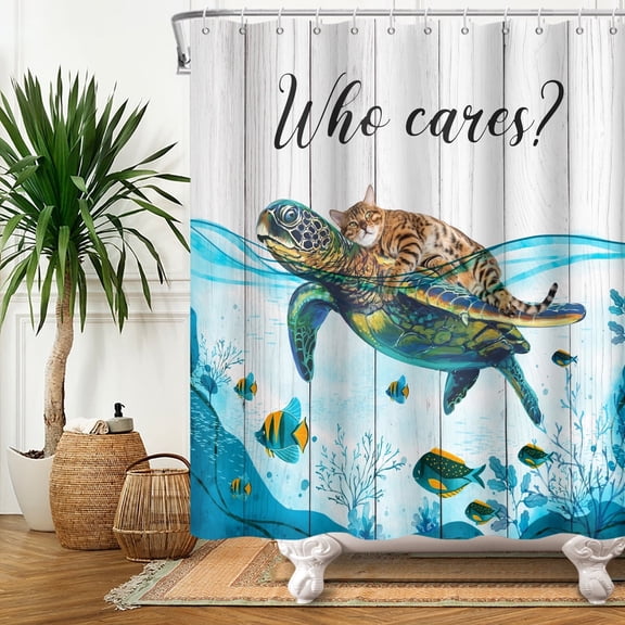 MIZHONA Funny Cat with Turtle Shower Curtain Ocean Coastal Nautical Fabric Bathroom Curtain 72x72 in