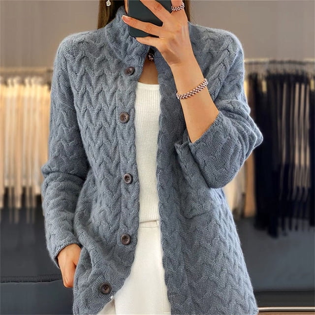 Frostluinai Women Chunky Cable Knit Cardigans Button Down Stand Collar Sweater Cardigans Long Sleeve Solid Color Fall Knit Cardigans with Pocket