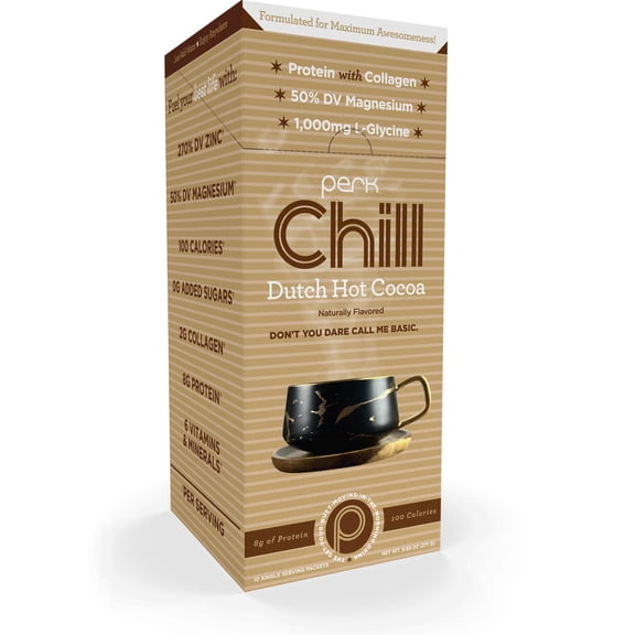 Perk Chill Drink Mix (Dutch Hot Cocoa) 10 Stick Packs - 8g of Protein with Collagen, 50% DV Magnesium, 1,000mg L-Glycine, Gluten-Free, Soy-Free, GMO-Free