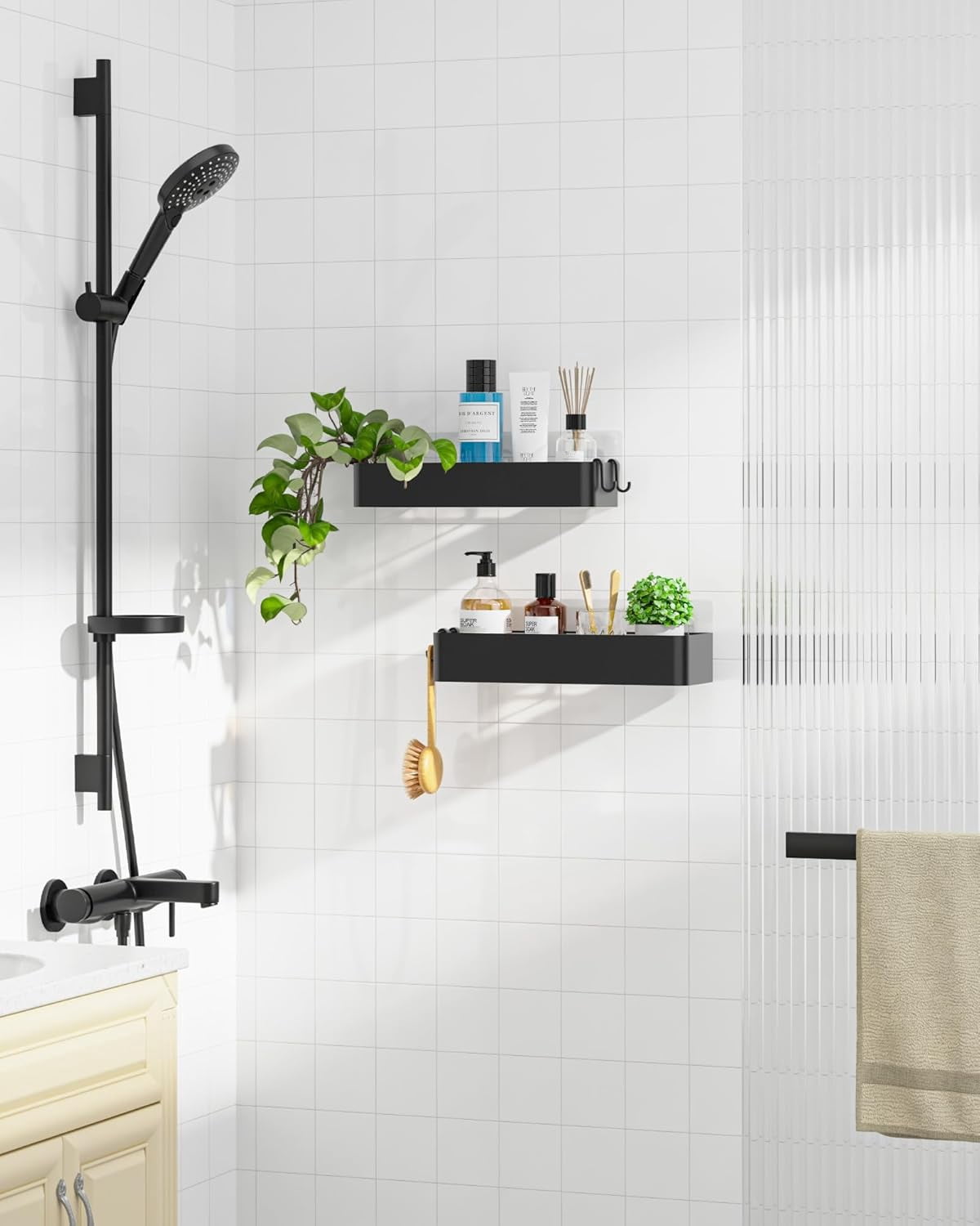 Shower Caddy - 2 Pack Adhesive Shower Organizer, Rustproof Metal Shelves, No-Drill Bathroom Organizers and Storage, Black, XX-Large