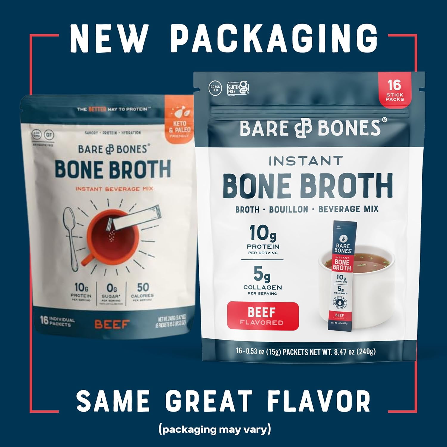 Bare Bones Beef Bone Broth Instant Powdered Mix | Rich Savory Packets on-the-Go No Artificial Flavors | 100% Grass Fed Keto & Paleo Friendly | 10g Protein | 16 Pack