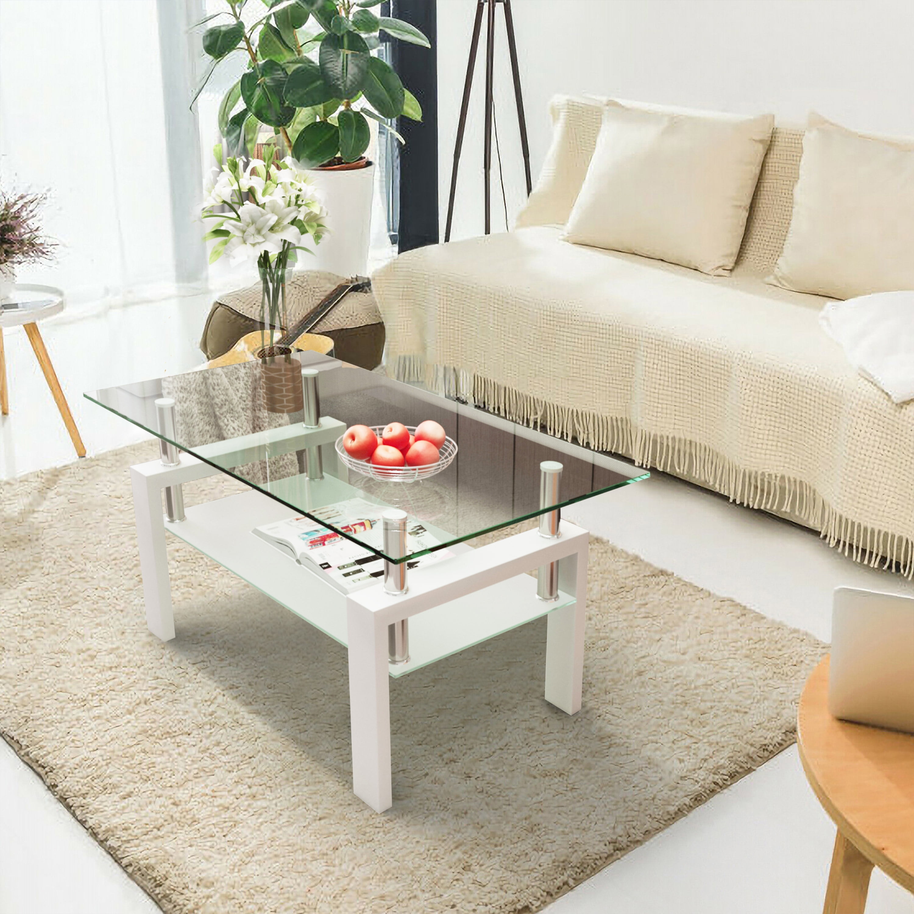 KUUFER Rectangle White Glass Coffee Table, Clear Coffee Table, Modern ...