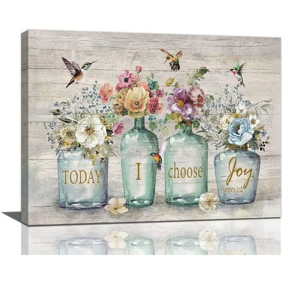 Farmhouse Bathroom Wall Art - Hummingbird & Floral Mason Jar Canvas Print, Inspirational Quotes Framed Artwork for Living Room, Bedroom & Bathroom