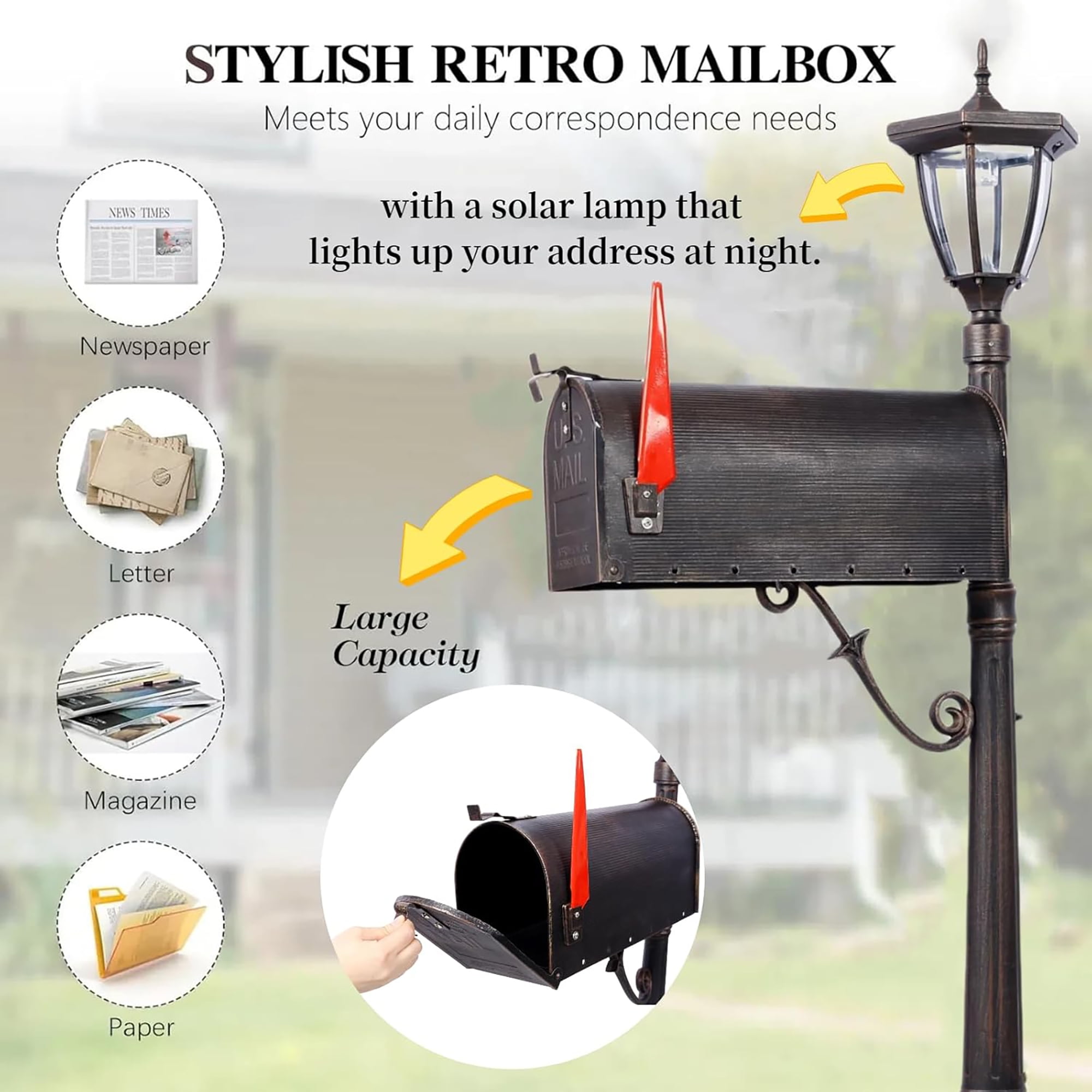 Large Mailbox with Post &Solar Lights Combo, Stratford Heavy Duty Cast Aluminum Mailboxes for Outside,Decorative Modern Mail Box for Homes