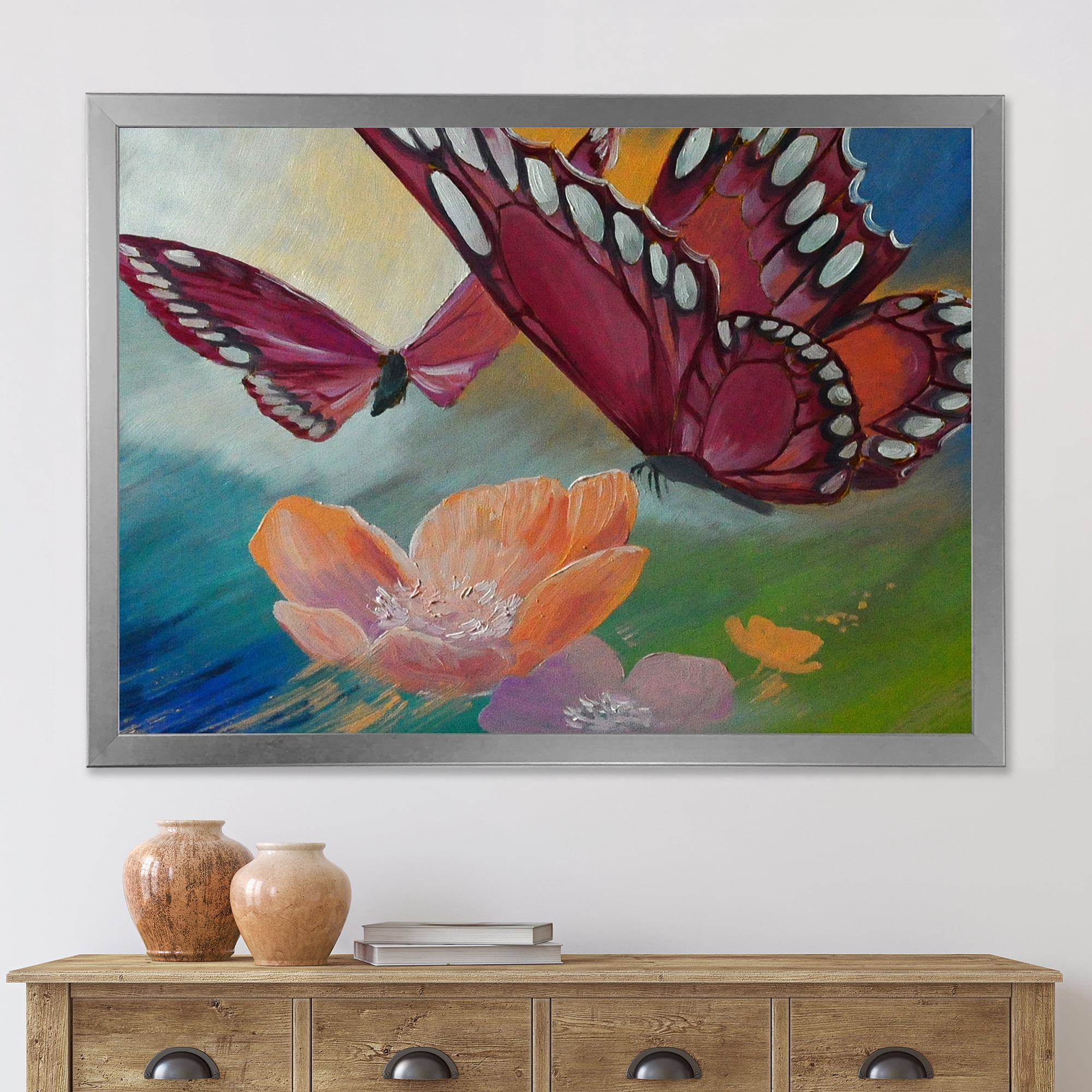 Designart 'Butterflies On Pink Flowers' Traditional Framed Art Print