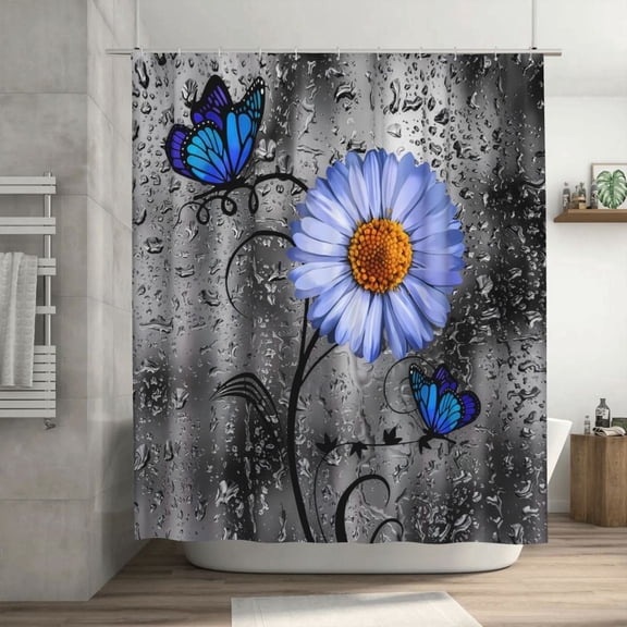 Daisy Floral Artistic Shower Curtain - Flowers Natural Butterfly Grey Blue Polyester Cloth Shower Curtain, Comes with 12 Plastic Hooks,70.8" x 70.8"