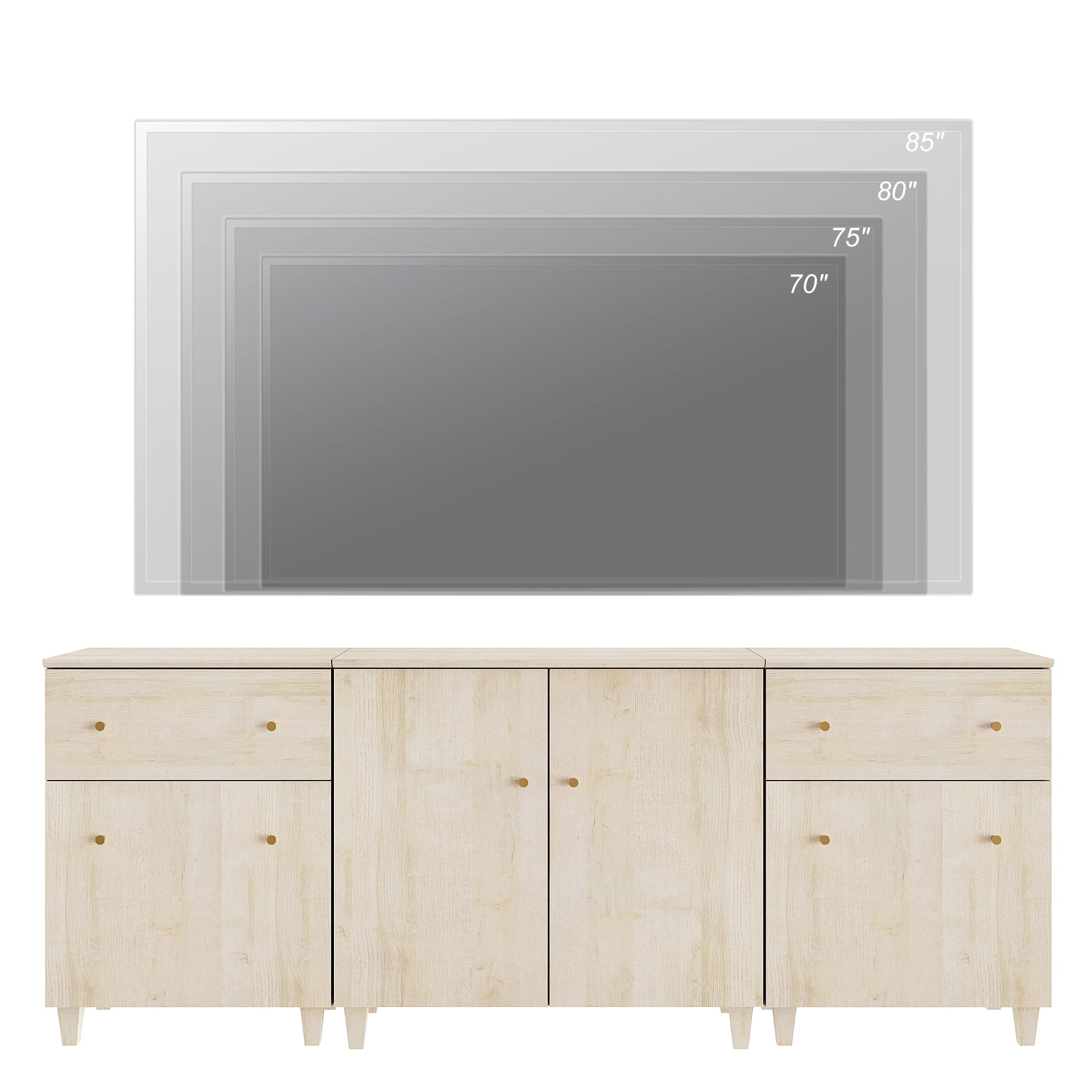 WAMPAT TV Stand for 85+ Inches TVs, 3-in-1 Modern Wooden Media Console with 2 Spacious Drawers and 3 Storage Cabinets for Living Room, Light Oak