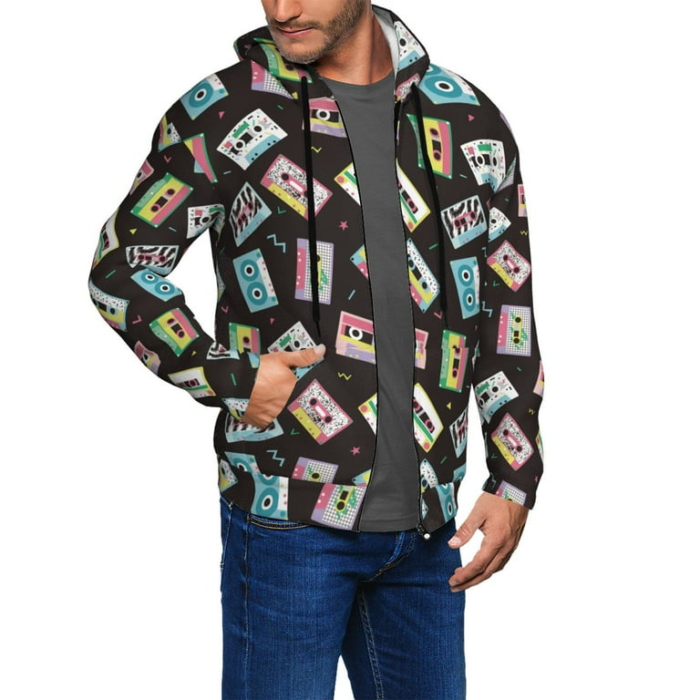 JUNZAN Colorful Retro Tape Print Men's Zip Up Hoodie Athletic