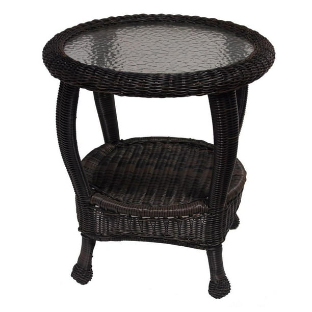 22.25” Rich Black Two Level Resin Wicker End Table with Glass Top