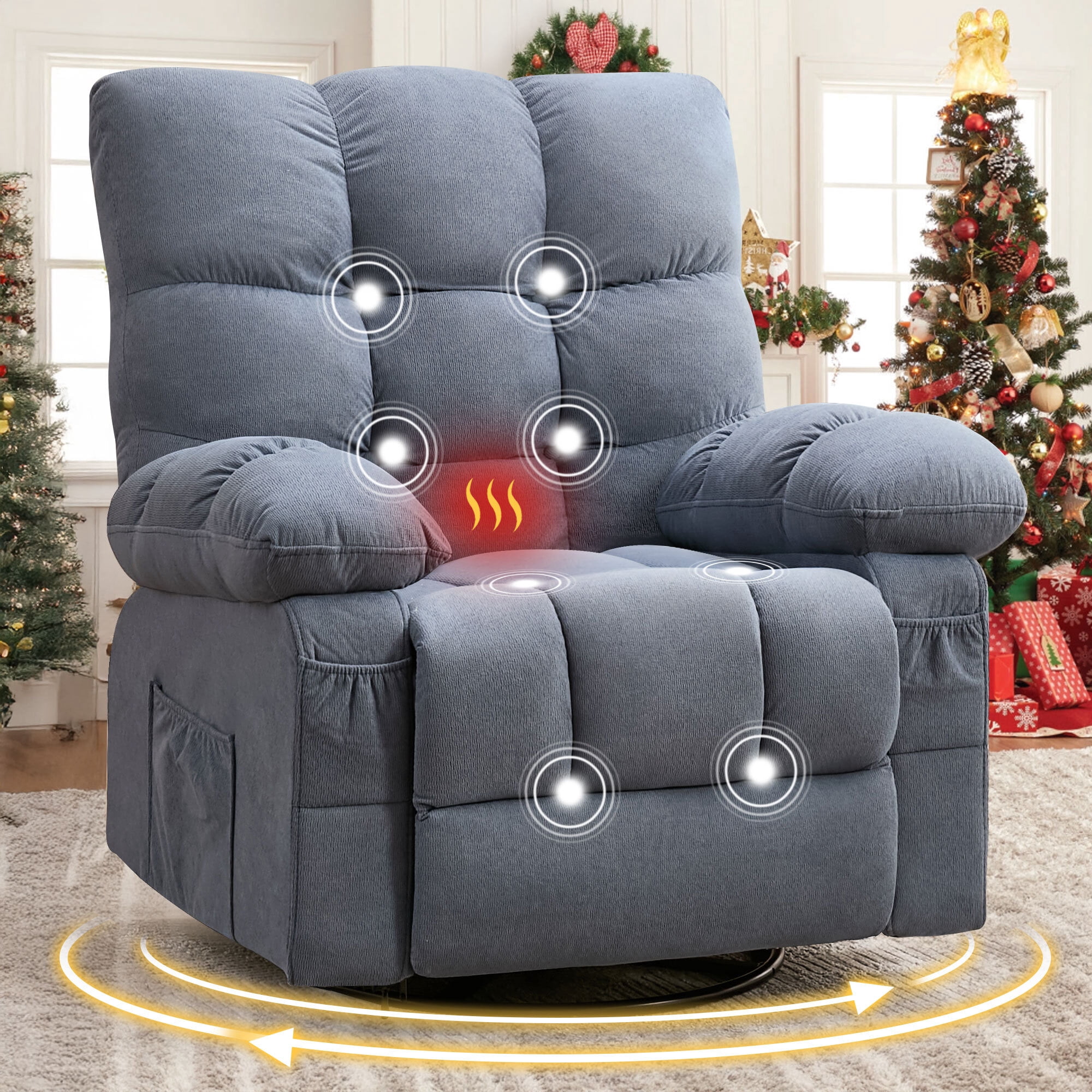 Alvantor Oversized Swivel Rocker Recliner Chair with Massage & Heat Function for Adults, Elderly Single Rocker Sofa with Cup Holders for Bedroom Home Theater Blue