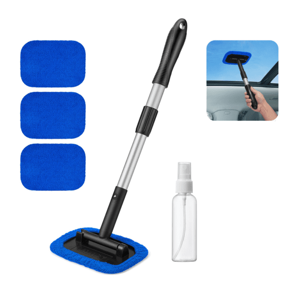 Windshield Cleaner, Microfiber car Window Cleaner with 4 Reusable and Washable Microfiber Pads and Extendable Handle Auto Inside Glass Wiper Kit Blue