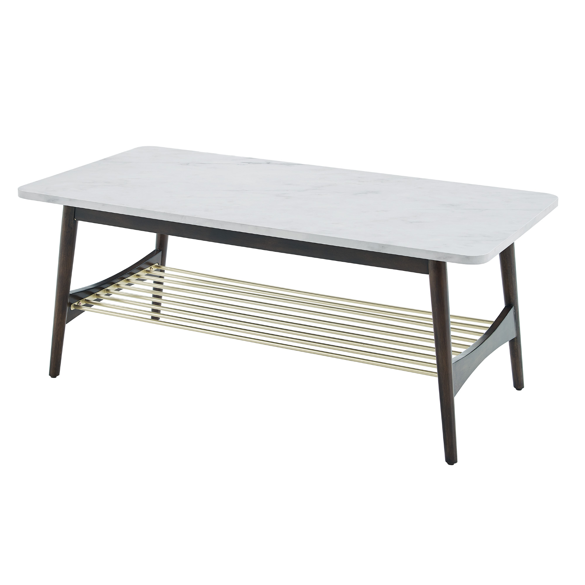 Manor Park Mid Century Coffee Table, Faux White Marble/Dark Brown Oak
