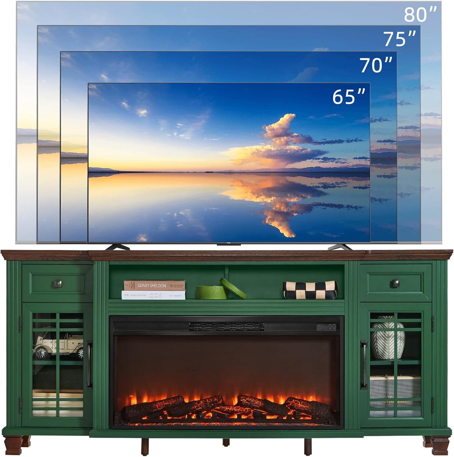 70" Fireplace TV Stand for TV up to 80", Entertainment Center with 36.5" Electric Fireplace Media Console Table for Living Room with Glass Shelves, Green