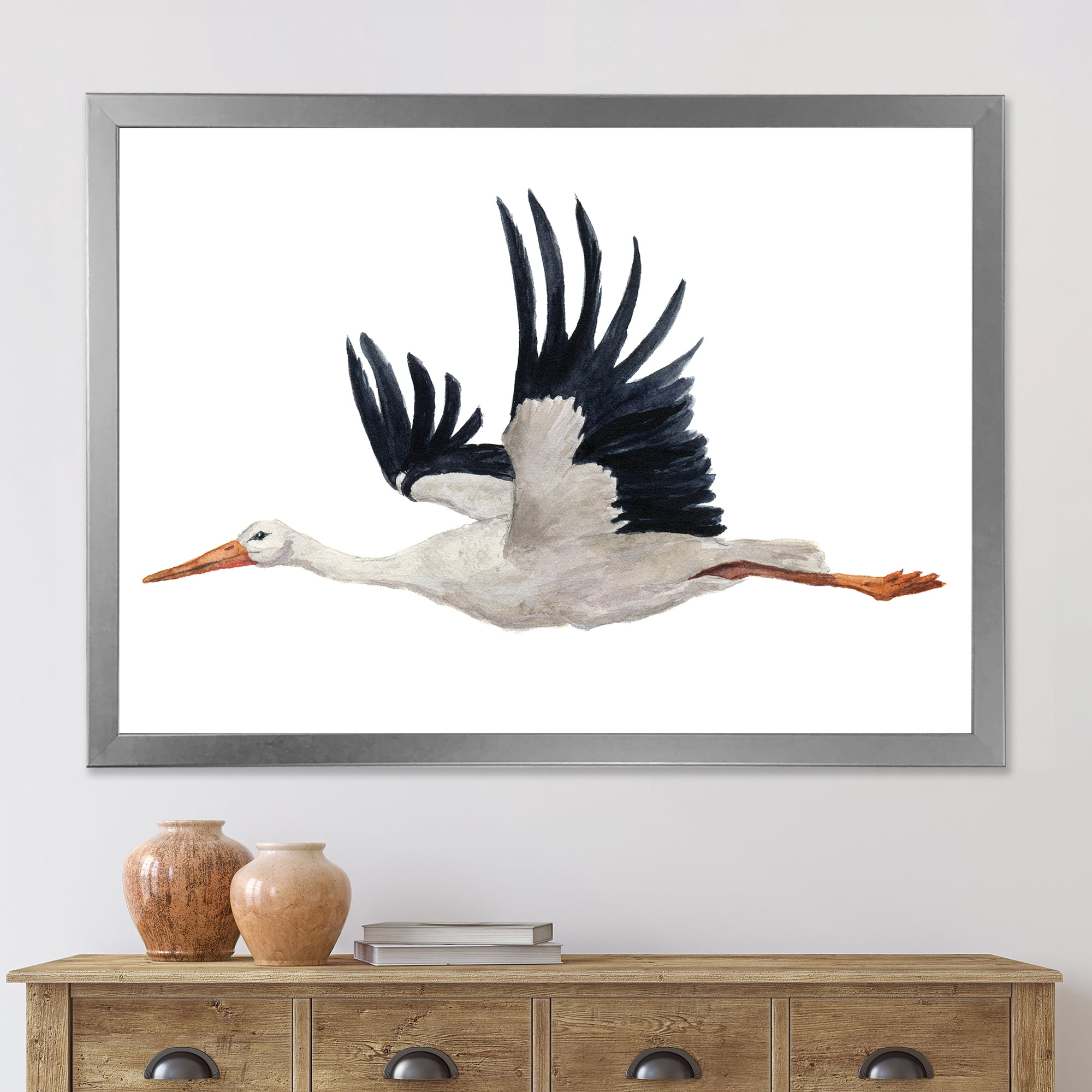 Designart 'White Stork Ciconia Flying Bird ' Traditional Framed Art Print