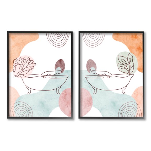 Floral Bathtub Geometric Doodle Shapes Botanical & Floral Graphic Art Black Framed Art Print Wall Art, Set of 2