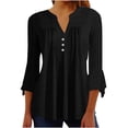 thumbnail image 3 of CFLVAEK Womens Pleated Shirts Casual V Neck Blouses Elegant Flared 3/4 Sleeve Tunic Tops Solid Color Summer Fall Going Out T Shirts Black XXL, 3 of 6