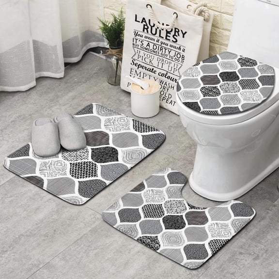 Black and White Geometric Quatrefoil Pattern Bathroom Rugs Sets 3 Piece,Toilet Cover Set,Absorbent Non Slip Bathroom Mats Sets with U-Shaped Contour Rug Toilet Rug Set