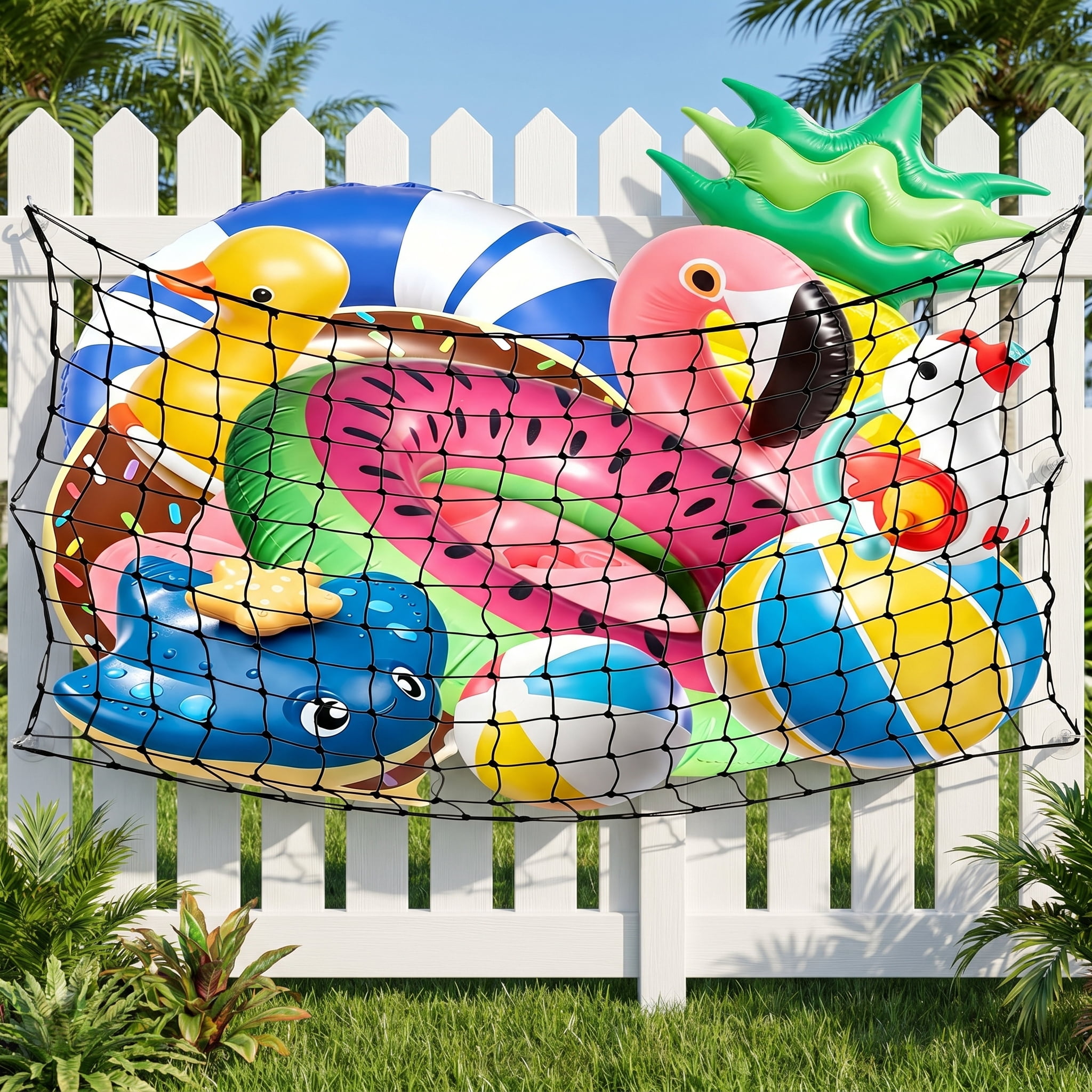 Pool Float Storage Net Set, 71" x 41" Extra Large Elastic Hanging Mesh Organizer with Hooks and Inflatable Valves for Pool Floats, Balls, Water Inflatable Rafts