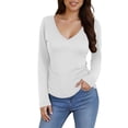 thumbnail image 3 of DDAPJ pyju Women's Long Sleeve V Neck Crop Top Ribbed Knit Slim Fitted Basic T-Shirts White S, 3 of 8