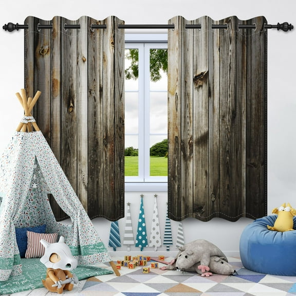 Wooden Grain Window Curtains,Farmhouse Brown Blackout Window Drapes for Bedroom Living Room 2 Panel Sets,42x63 Inch
