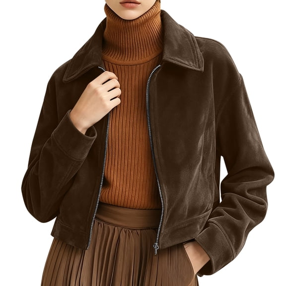 HomeDM Faux Suede Jacket for Women Long Sleeve Collared Zip Up Cropped Coat Casual Fall Winter Outerwear