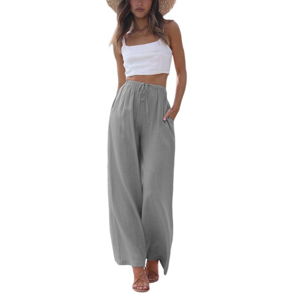 Pantalon de Plage en Lin de Coton pour Femmes Pantalon de Plage Large et Fluide avec Poches Gris Large