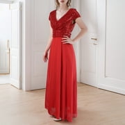 formal Gowns and Evening Dresses Midi Dresses for Women Summer V Neck Sequined Chiffon Panel Evening Gown Long Dress Elegant Evening Dress Fashion Party Bridesmaid Dresses
