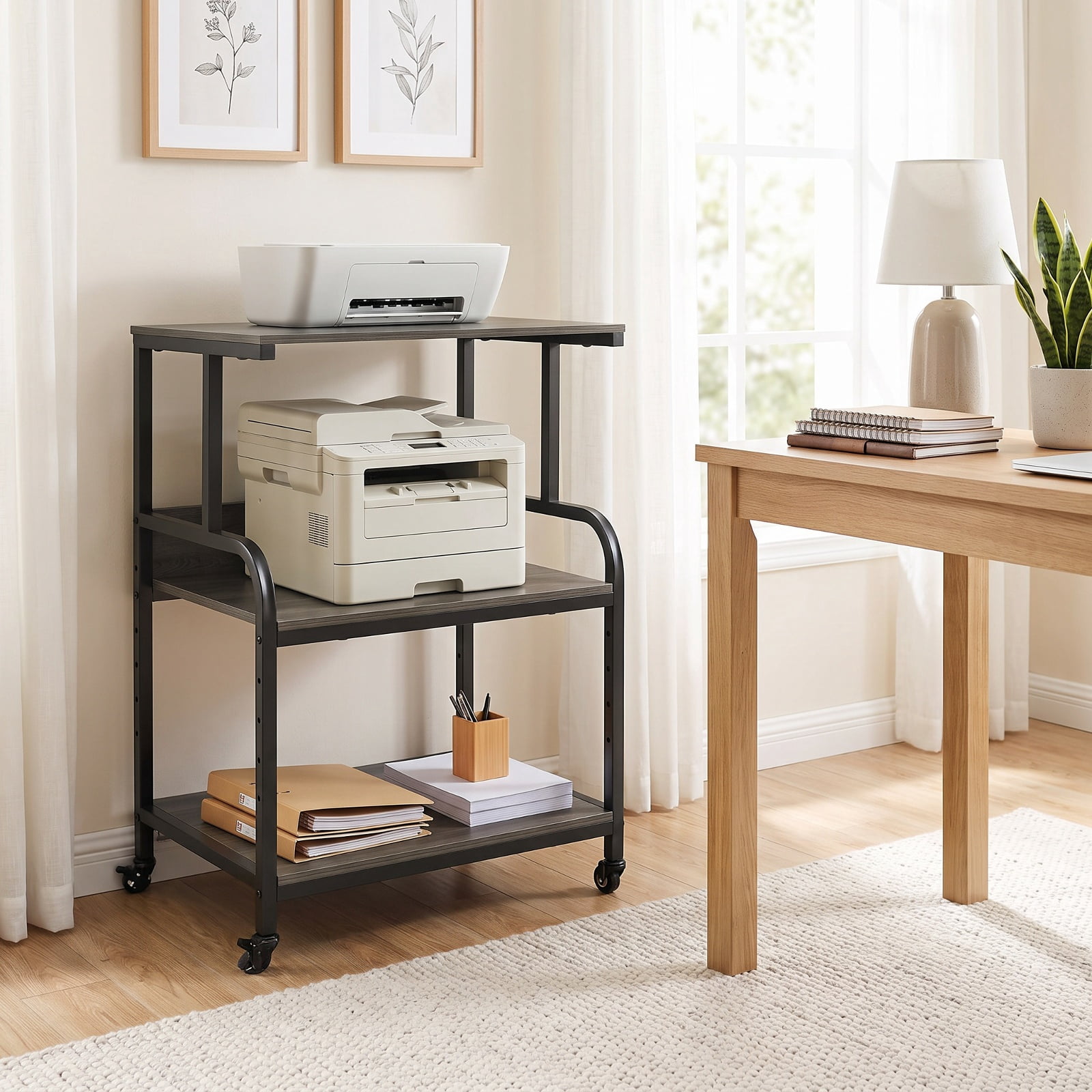 Furnibear 3-Tier Rolling Printer Stand with Adjustable Shelf and Lockable Wheels for Home Office Printer Machine Under Desk Storage, Oak