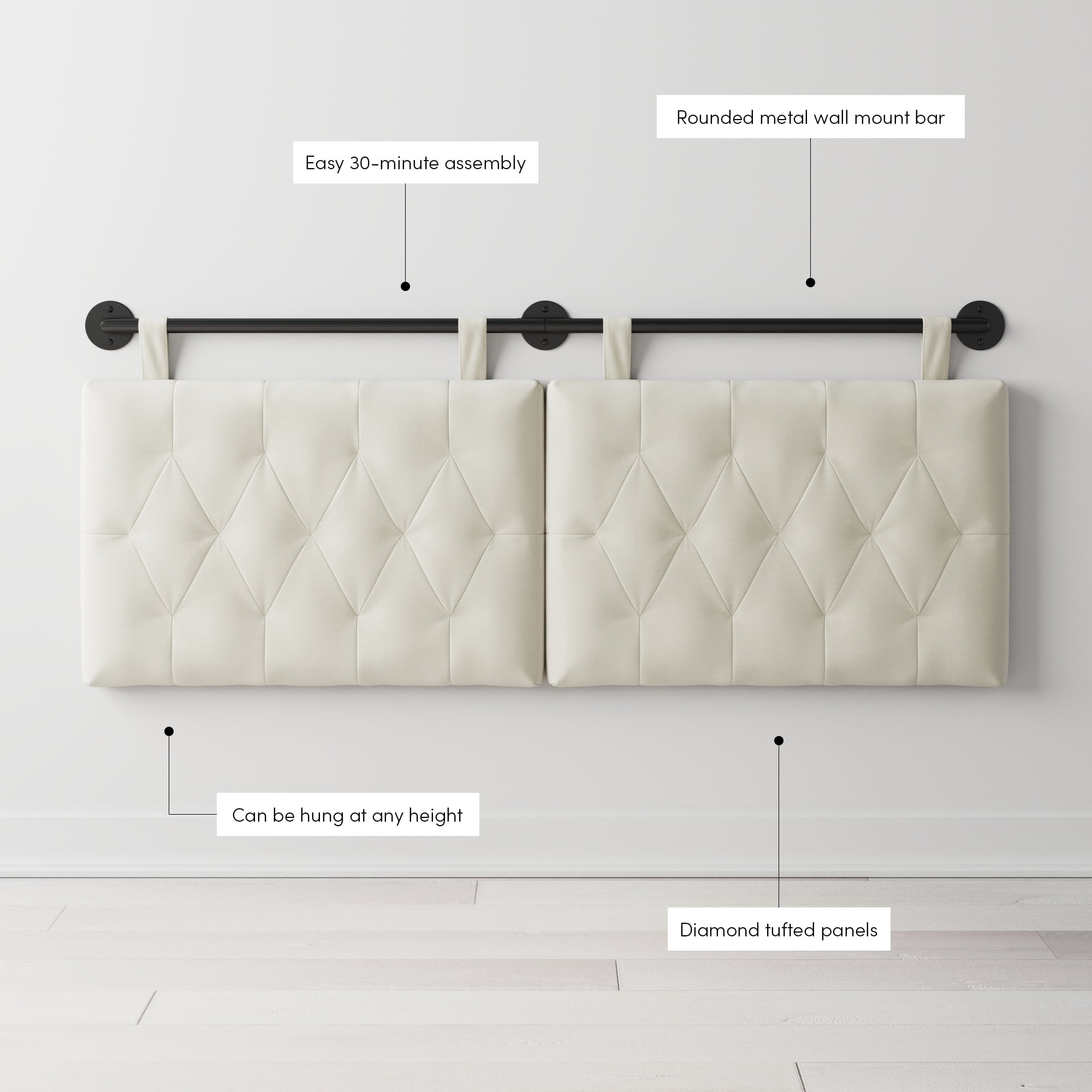 Nathan James Remi Queen Wall Mount White Button Tufted Headboard with Adjustable Straps and Black Metal Rail